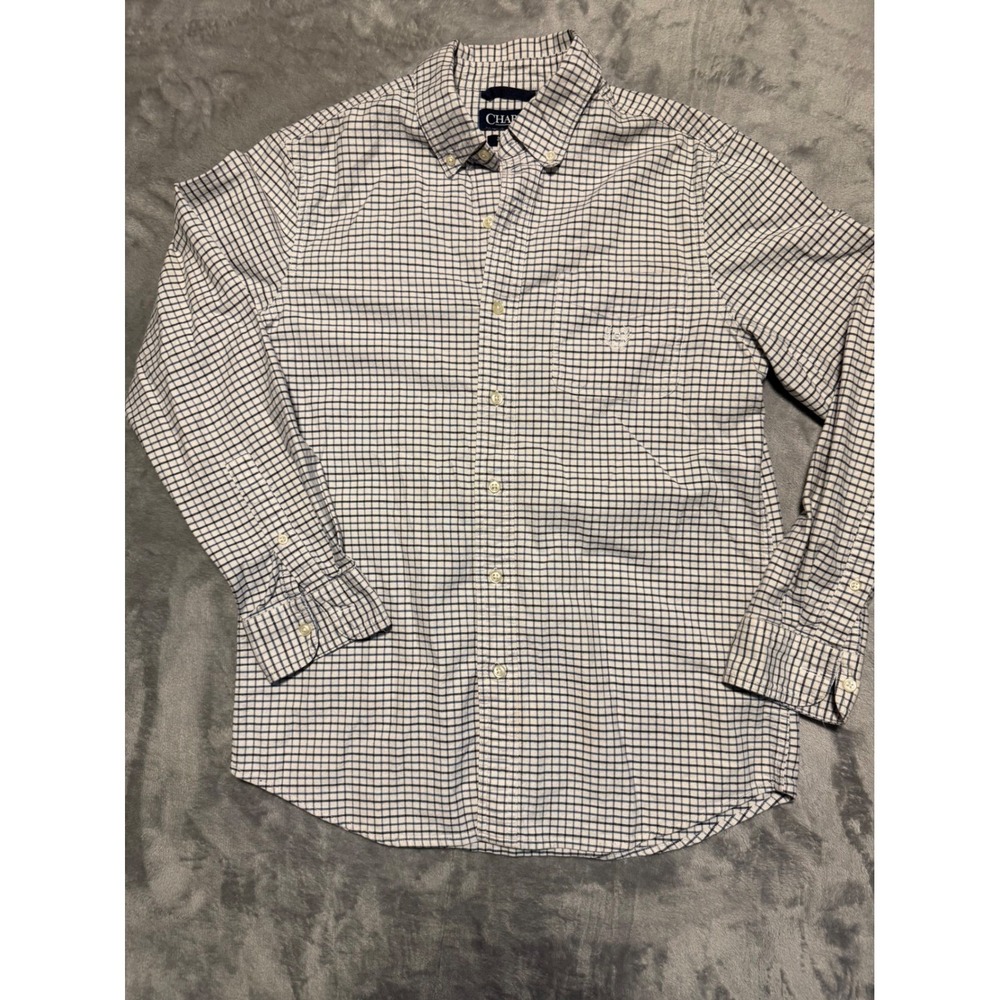 Chaps Button Down Shirt Mens Small White Navy Check Stretch Oxford Long Sleeve
